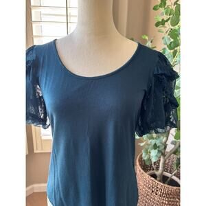 DR2 Womens Tulle Puff Sleeve Knit T Shirt Size Medium Dark Green